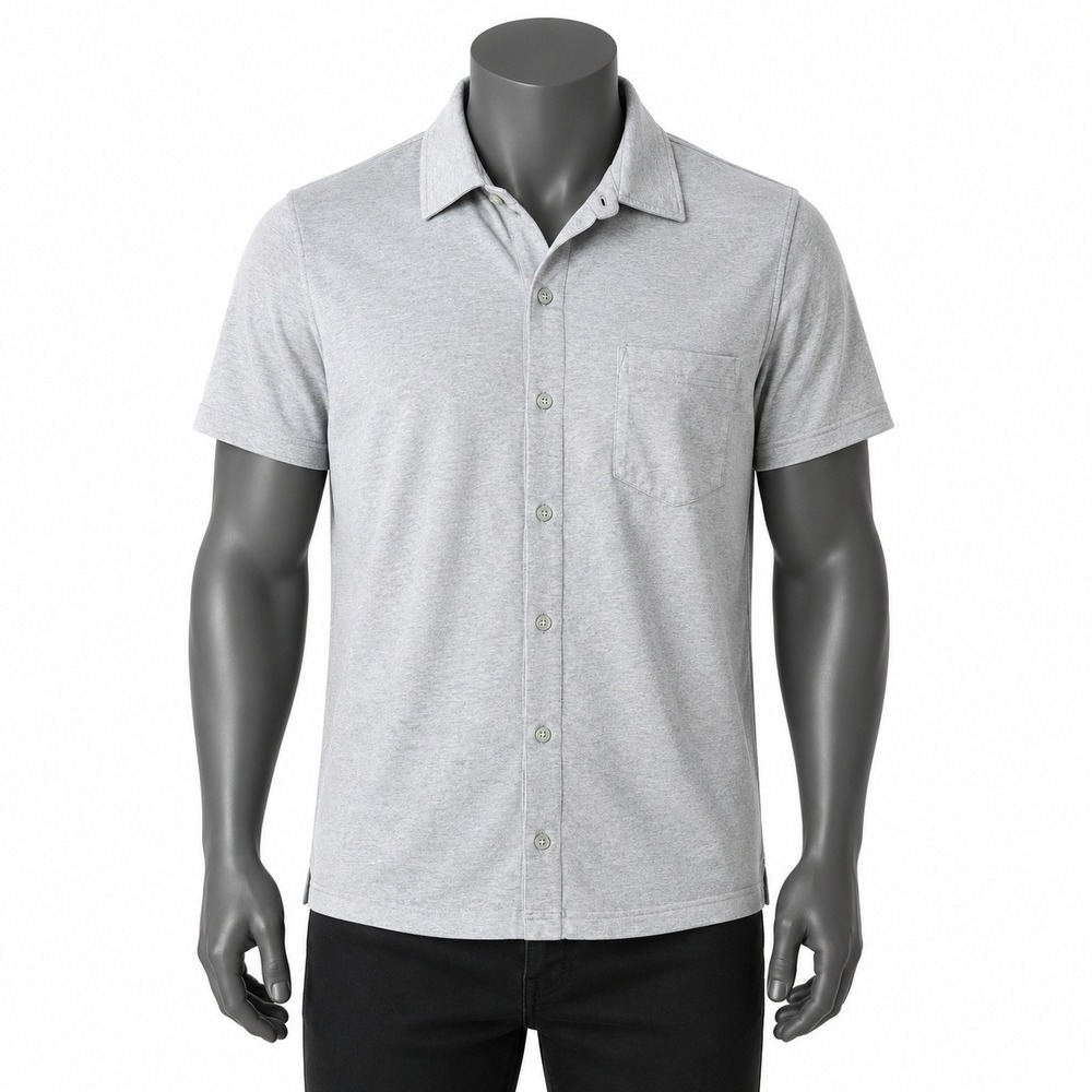 Eddie Bauer Mens Large Tall Gray Stretch Cotton Jersey Short Sleeve Button Down